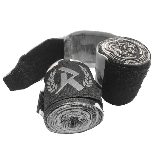 Rurik Käsisiteet hand wraps pituus 5m pitkä käside harmaa camo kuvattua sivulta sekä tarra auki