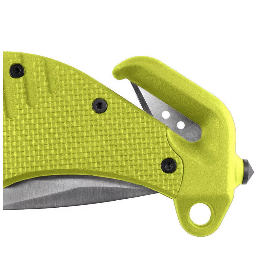 ESP pelastusveitsi rescue knife laskinrikkojalla ja vyöleikkurilla, yksityiskohta vyöleikkuri ja lasinrikkoja