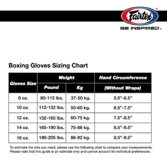 Fairtex BGV8 Nyrkkeilyhanskat Punainen nahka. Kokotaulukko fairtexin hanskoille.