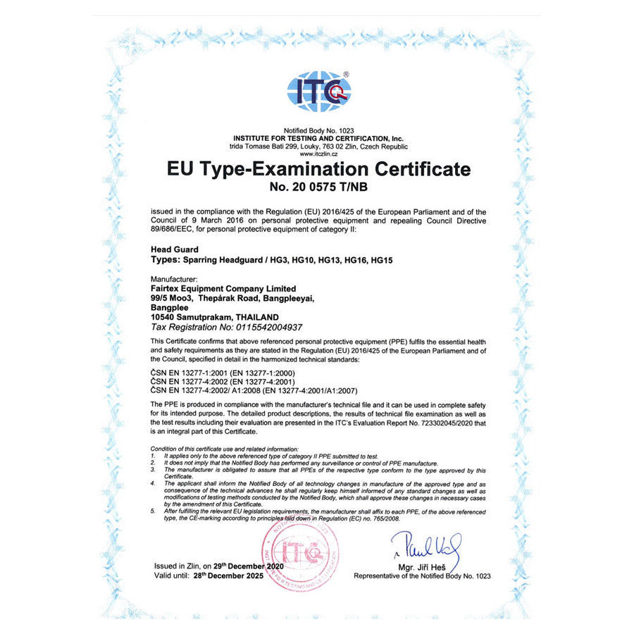 Laadukas nahkainen päänsuoja Fairtexilta. fairtex HG13 nahkaa. EU-hyväksytty. Kuvassa sertifikaatti