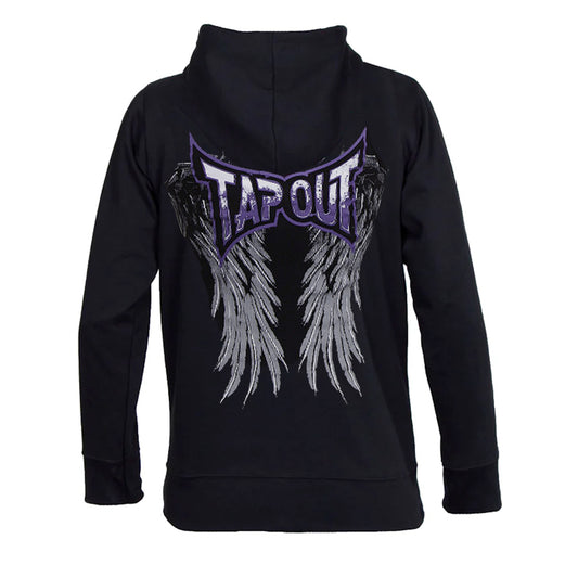 TapouT- Spirit Hoodie upea naisten huppari jossa siivet selässä. Winged hoodie musta kuvattu takaa. Kaunis siipi painatus angel wings back.