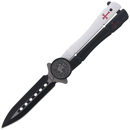 Albainox Crusader Balisong Perhosveitsi. Pituus suljettuna 5 1/4″, terämateriaali 440 ruostumaton, teräsvahvistettu alumiinikahva. Komea ristiretkiaiheinen koristelu. Valmistaja Albainox. Kuvassa veitsi logo näkyvissä.