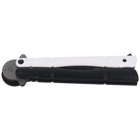 Albainox Crusader Balisong Perhosveitsi. Pituus suljettuna 5 1/4″, terämateriaali 440 ruostumaton, teräsvahvistettu alumiinikahva. Komea ristiretkiaiheinen koristelu. Valmistaja Albainox. Kuvassa veitsi taitettuna kiinni.