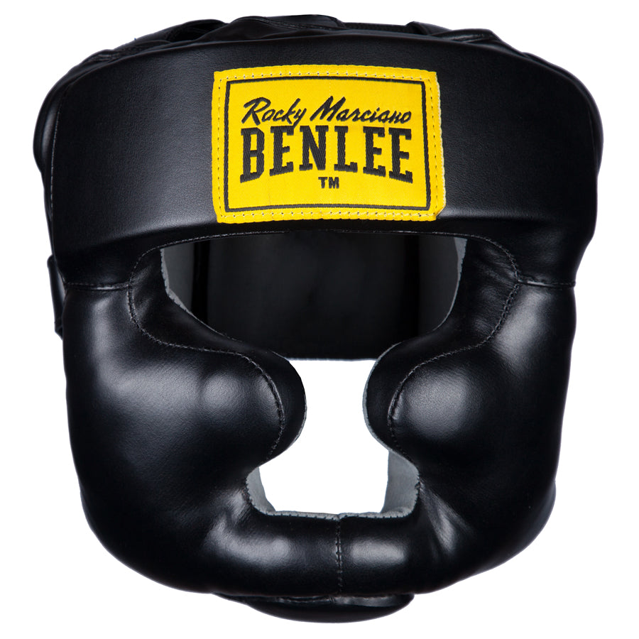 Benlee "Full Face Protection" -Nyrkkeilykypärä aitoa nahkaa. Nyrkkeily kypärä musta nahka. Kuva edestä