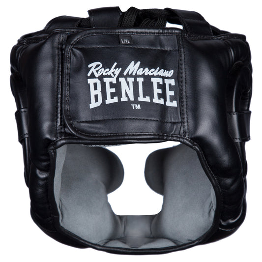 enlee "Full Face Protection" -Nyrkkeilykypärä aitoa nahkaa. Nyrkkeily kypärä musta nahka. Kuva takaa. säädettävä tarrakiinnitys