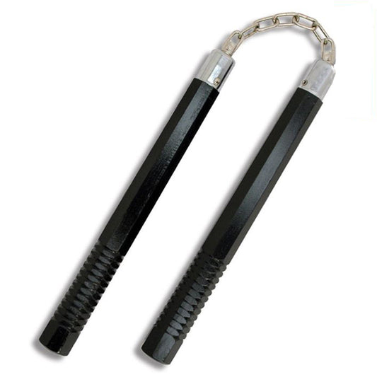 Professional Octagon Hardwood Nunchaku musta. Kuulalaakeroidut, hitsatut ketjulenkit, materiaali punatammea. muotoilu kahdeksankanttiseksi. Laadukkaat nuncha kepit. Kuvassa kepit vierekkäin.
