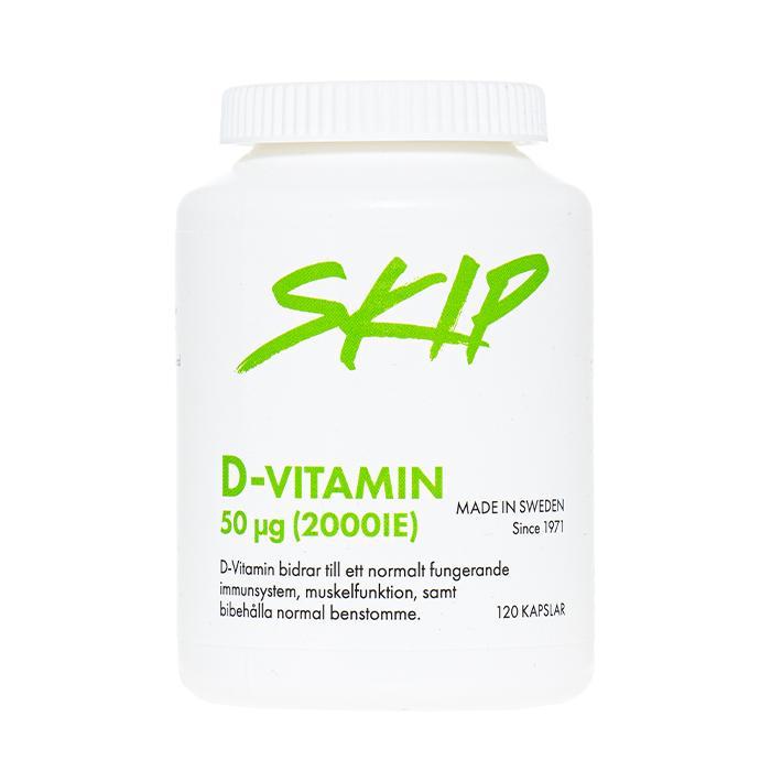SKIP D-vitamiini on vahva d-vitamiini, jossa on 50 mikrogrammaa lampaan villasta uutettua d-vitamiinia kasvispohjaisessa kapselissa. Tuote on ei-vegaaninen cruelty free hyvin imeytyvä d-vitamiini. Kuvassa purkki.
