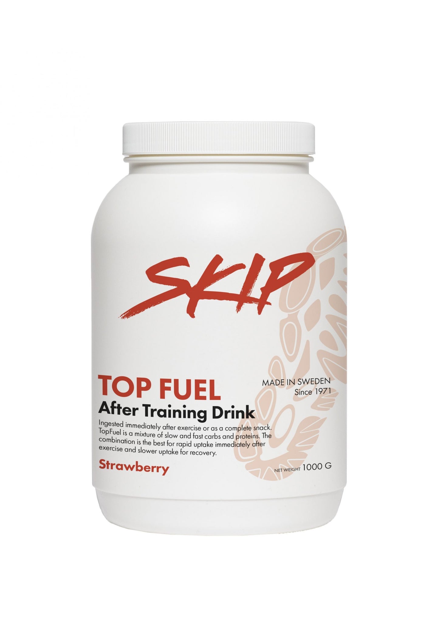 SKIP Top Fuel on huippulaatuinen, helposti nesteeseen imeytyvä ja hyvin imeytyvä palautusjuoma treenien jälkeen. Kuvassa skip top fuel after training drink purkki.