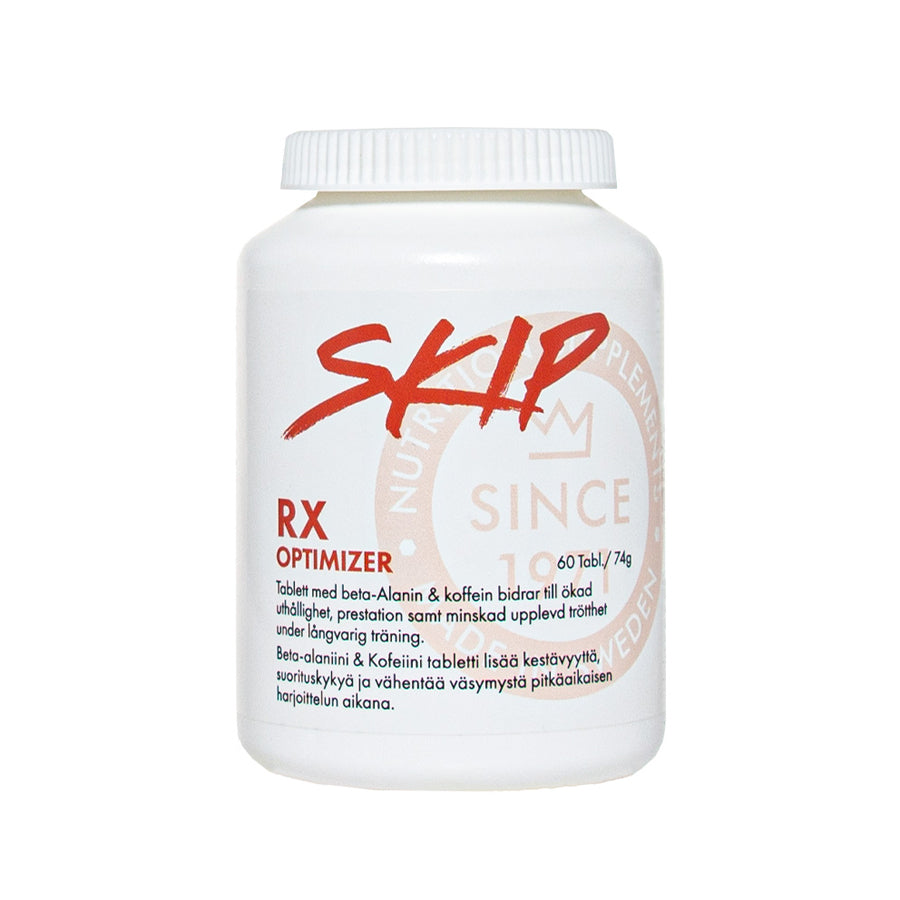 SKIP RX Optimizer, erinomaisen kätevä tablettimuotoinen treeniboosteri! Kuvassa purkki.