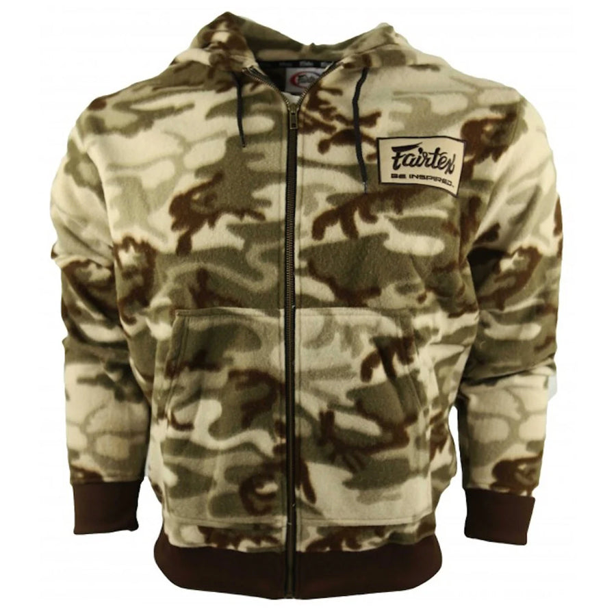 Vetoketjullisessa Fairtex-hupparissa on Thaimaan lippu ommeltuna oikeassa käsivarressa ja "Be Inspired Fairtex" -merkki vasemmassa rinnassa. "Muay Thai" teksti selässä. Fleece. Kuva edestä. 