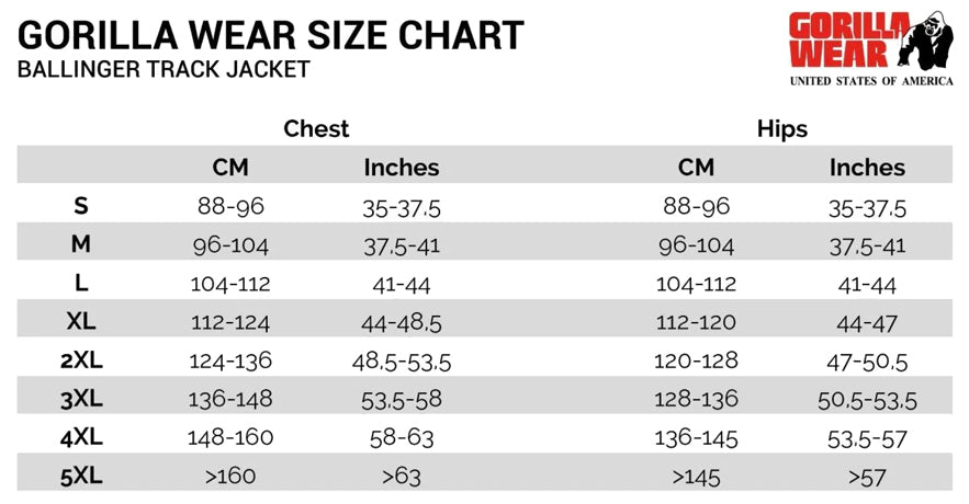 Gorilla Wear Ballinger Track Jacket on laadukas takki niin harjoitteluun kuin vapaa-aikaan, kokotaulukko