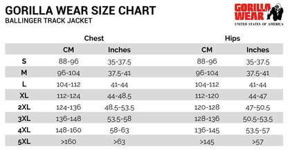 Gorilla Wear Ballinger Track Jacket on laadukas takki niin harjoitteluun kuin vapaa-aikaan, kokotaulukko