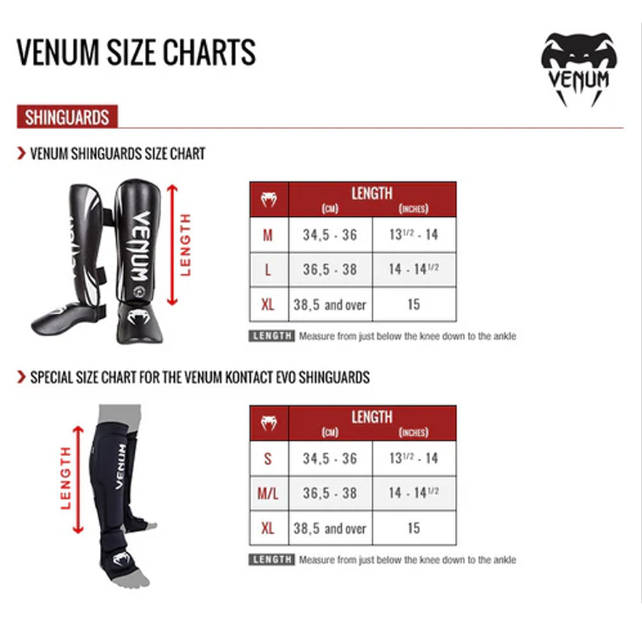 Kevyet ja kestävät Venum Challenger Standup -säärisuojat tarjoavat erinomaisen suojan ja istuvuuden kamppailulajeihin, kuten Muay Thai ja potkunyrkkeily. Kuvassa mitoitustaulukko. Pt-combat.fi