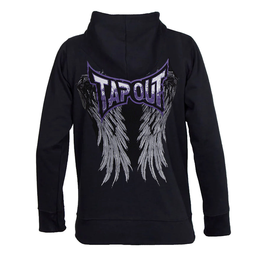 TapouT- Spirit Hoodie upea naisten huppari jossa siivet selässä. Winged hoodie musta kuvattu takaa. Kaunis siipi painatus angel wings back.