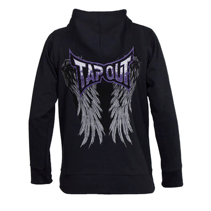 TapouT- Spirit Hoodie upea naisten huppari jossa siivet selässä. Winged hoodie musta kuvattu takaa. Kaunis siipi painatus angel wings back.