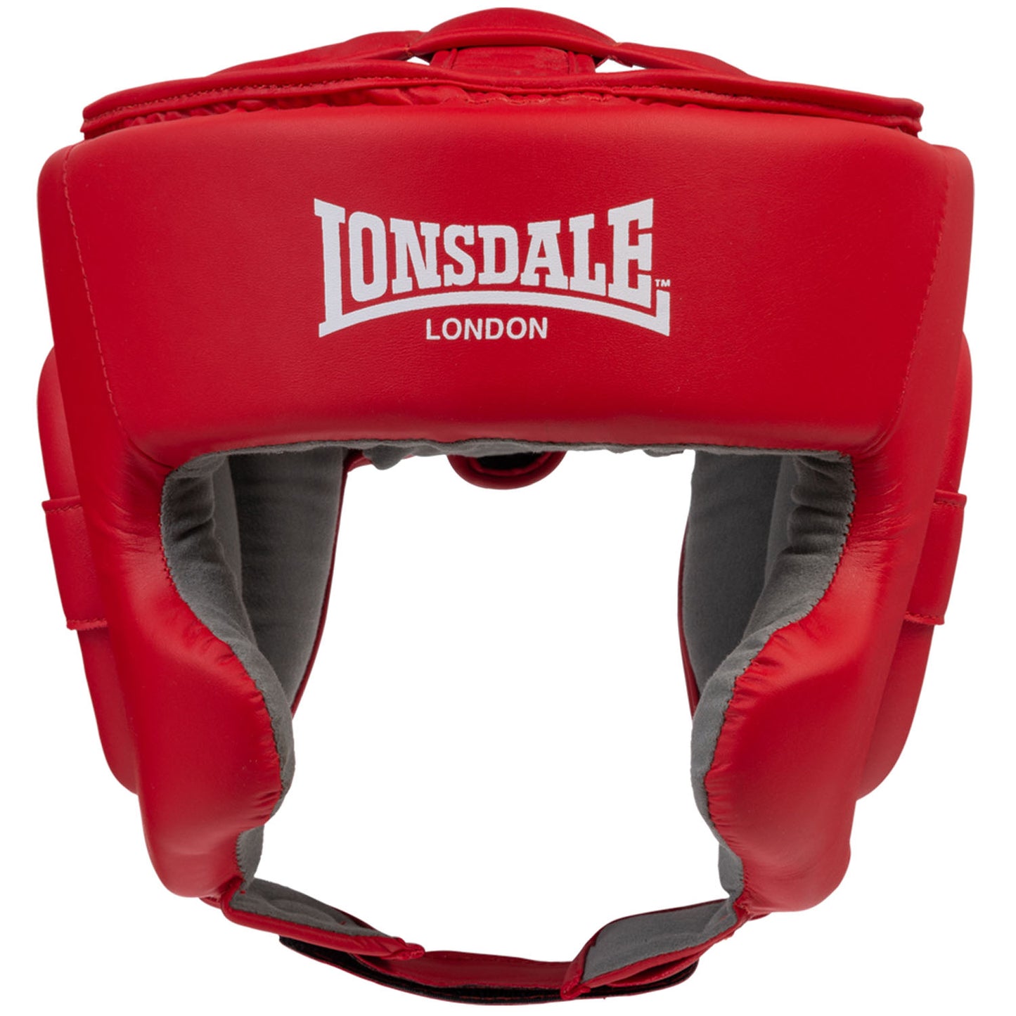 Lonsdale Stanford nyrkkeilykypärä  punainen kuvattu edestä. Lonsdalen valkoinen logo otsassa. Boxing helmet headgear kuvattu edestä. 