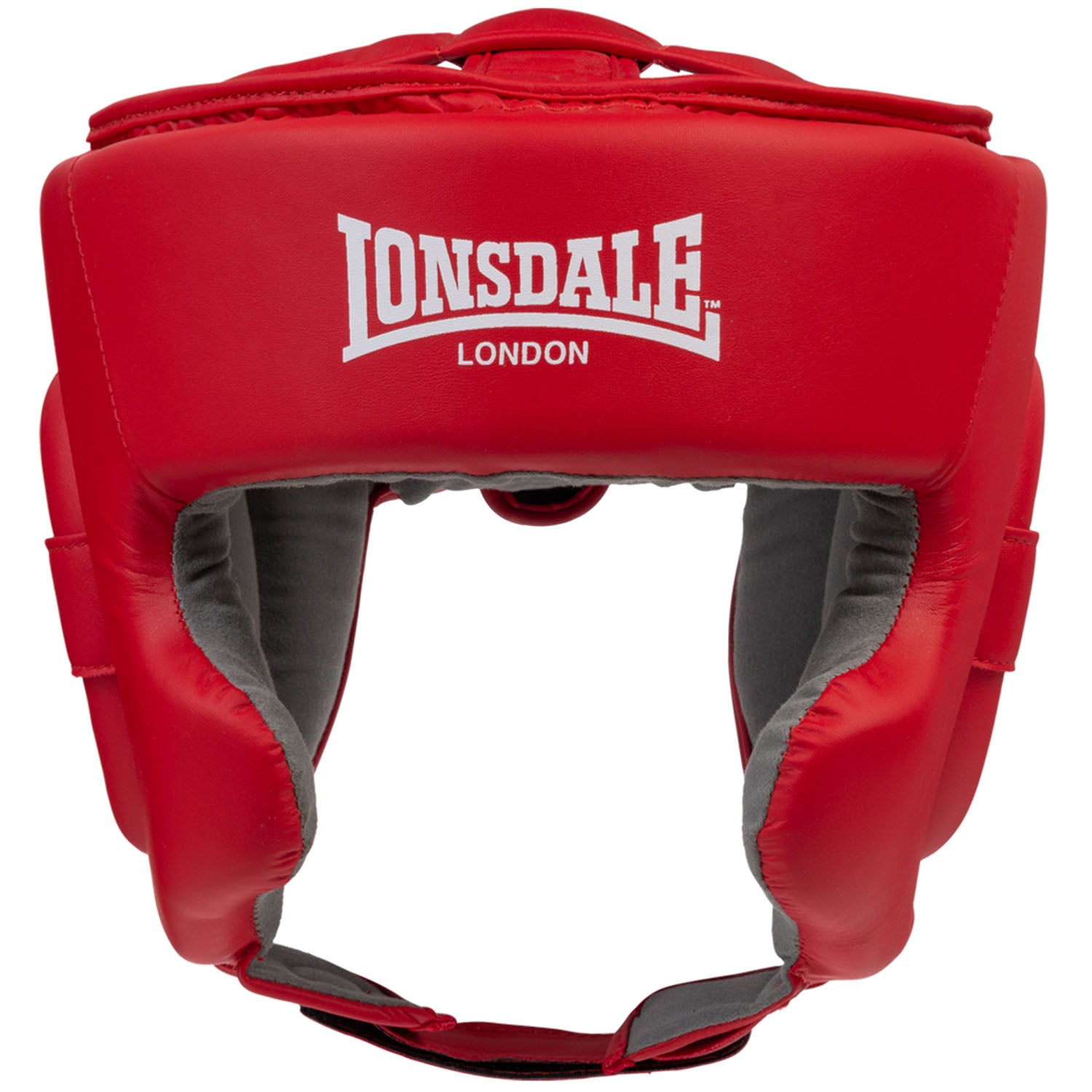 Lonsdale Stanford nyrkkeilykypärä  punainen kuvattu edestä. Lonsdalen valkoinen logo otsassa. Boxing helmet headgear kuvattu edestä. 