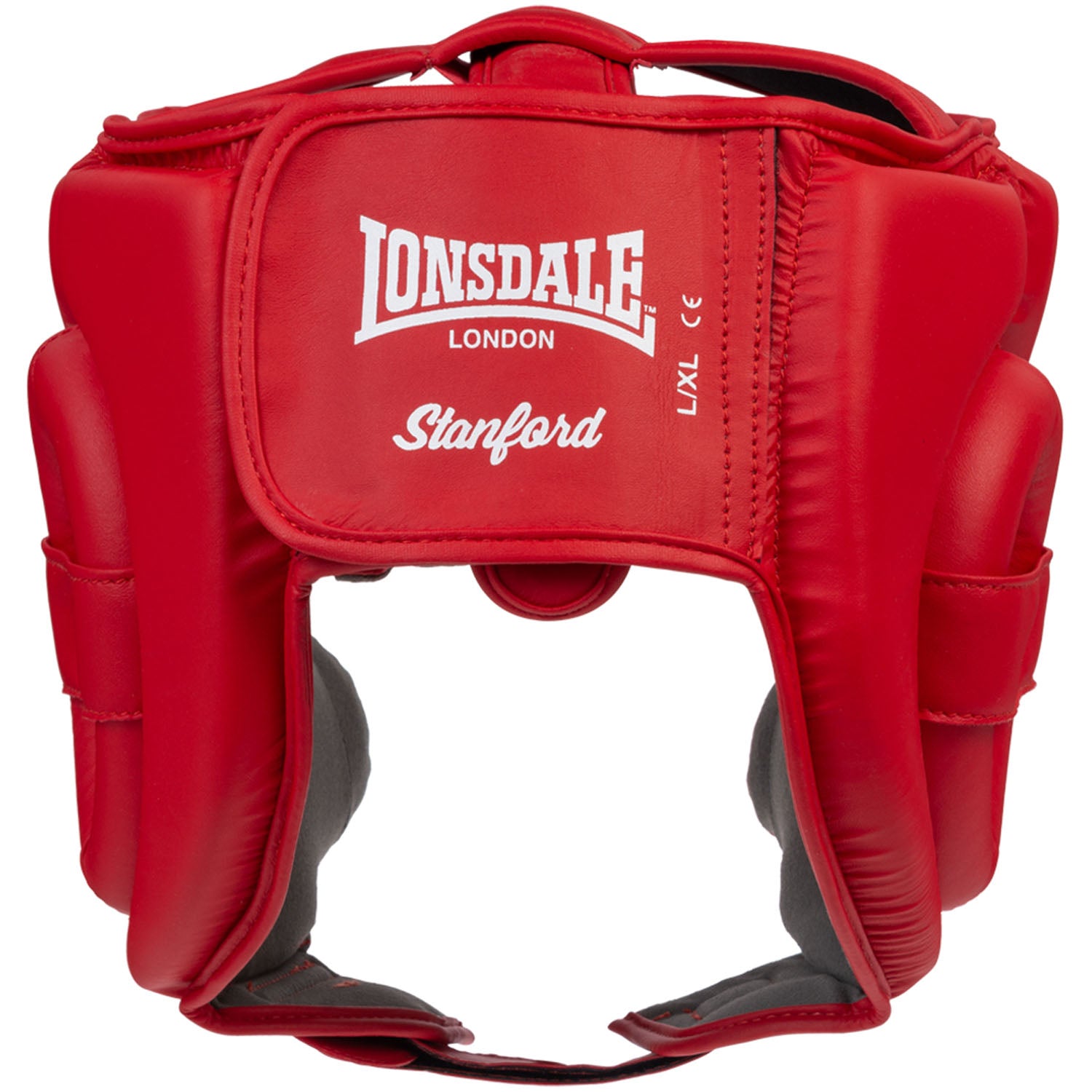 Lonsdale Stanford nyrkkeilykypärä  punainen kuvattu edestä. Lonsdalen valkoinen logo otsassa. Boxing helmet headgear kuvattu takaa