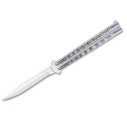 Albainox Classic 80’s Large Chrome Balisong

Perhosveitsi. Pituus suljettuna n.16,5cm, terämateriaali 420 ruostumaton teräs, kromipinnoitetut metalliset kahvat. Klassikkomalli 80-luvun lukuisista elokuvista. Kuvassa veitsi terä auki taitettuna