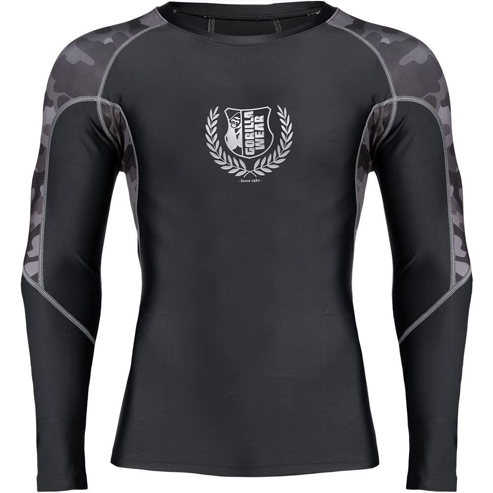 Gorilla Wear Lander Rashguard Long Sleeve - Musta/Metrocamo pitkähihainen paita edestä