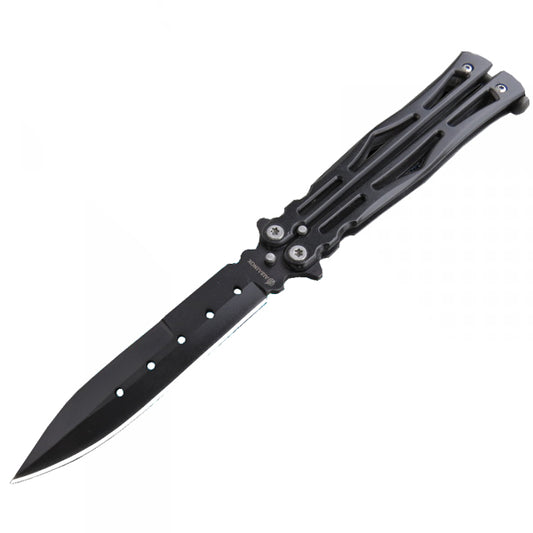 Albainox Night Fighter II Balisong

 Musta perhosveitsi. Pituus suljettuna 4″, terämateriaali 440 ruostumaton, terä ei kaksipuoleisesti teroitettu, alumiinikahvat. Valmistaj Albainox. Kuvassa veitsi terä auki käännettynä. 