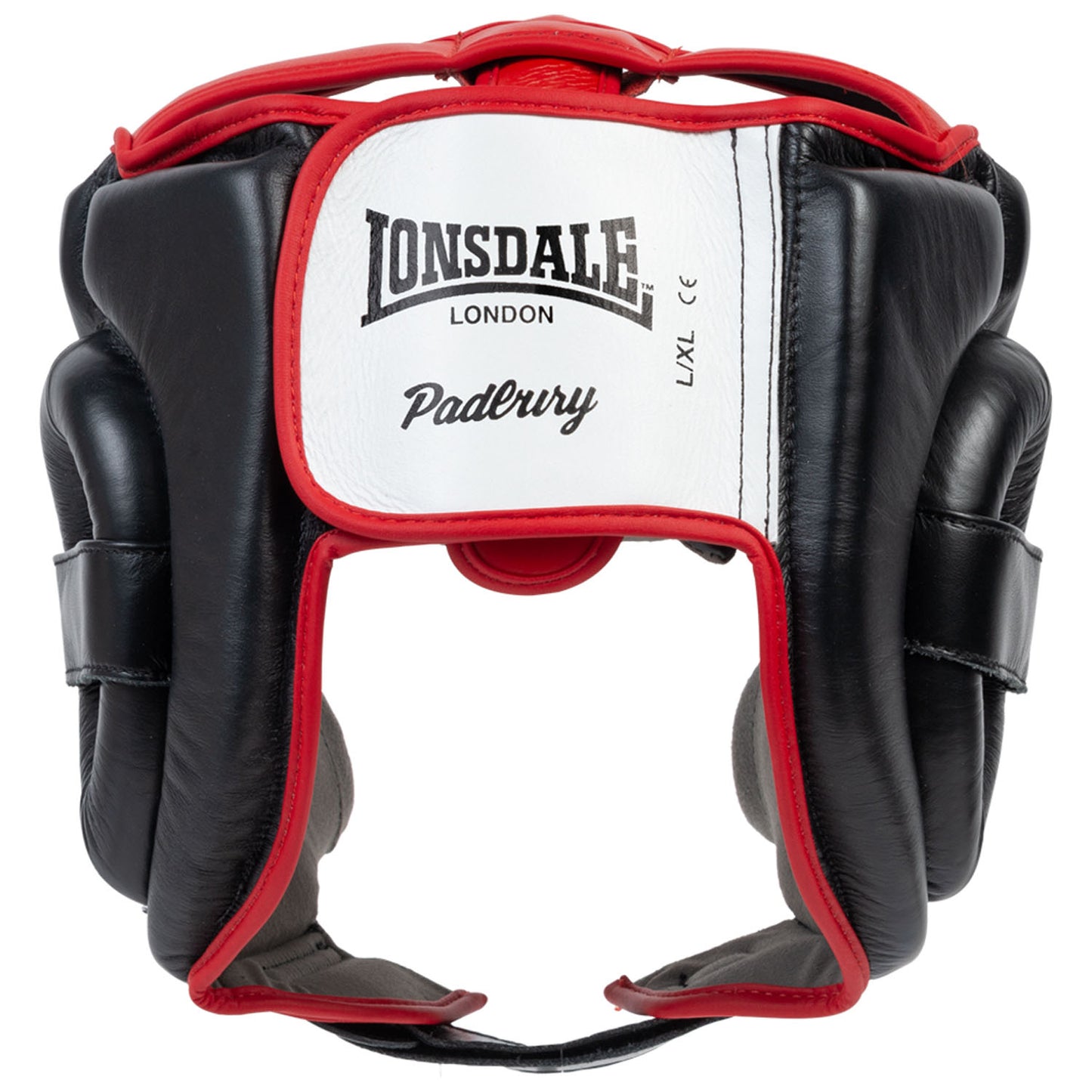 Laadukas nahkainen päänsuoja Lonsdalelta. Maksimaalinen näkyvyys korkealla suojaustasolla. Lonsdale Padbury nyrkkellykypärä nahkaa. kuva takaa, tarranauha säätö. Boxing helmet headgear musta valkoinen punainen