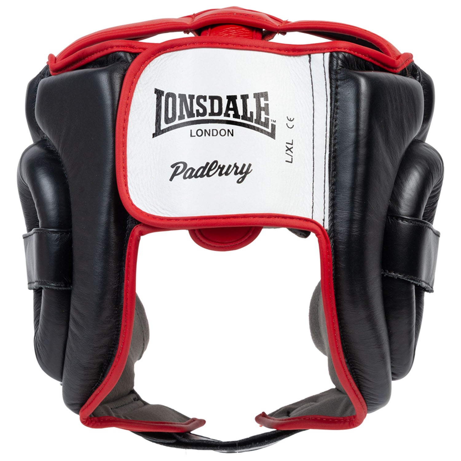 Laadukas nahkainen päänsuoja Lonsdalelta. Maksimaalinen näkyvyys korkealla suojaustasolla. Lonsdale Padbury nyrkkellykypärä nahkaa. kuva takaa, tarranauha säätö. Boxing helmet headgear musta valkoinen punainen