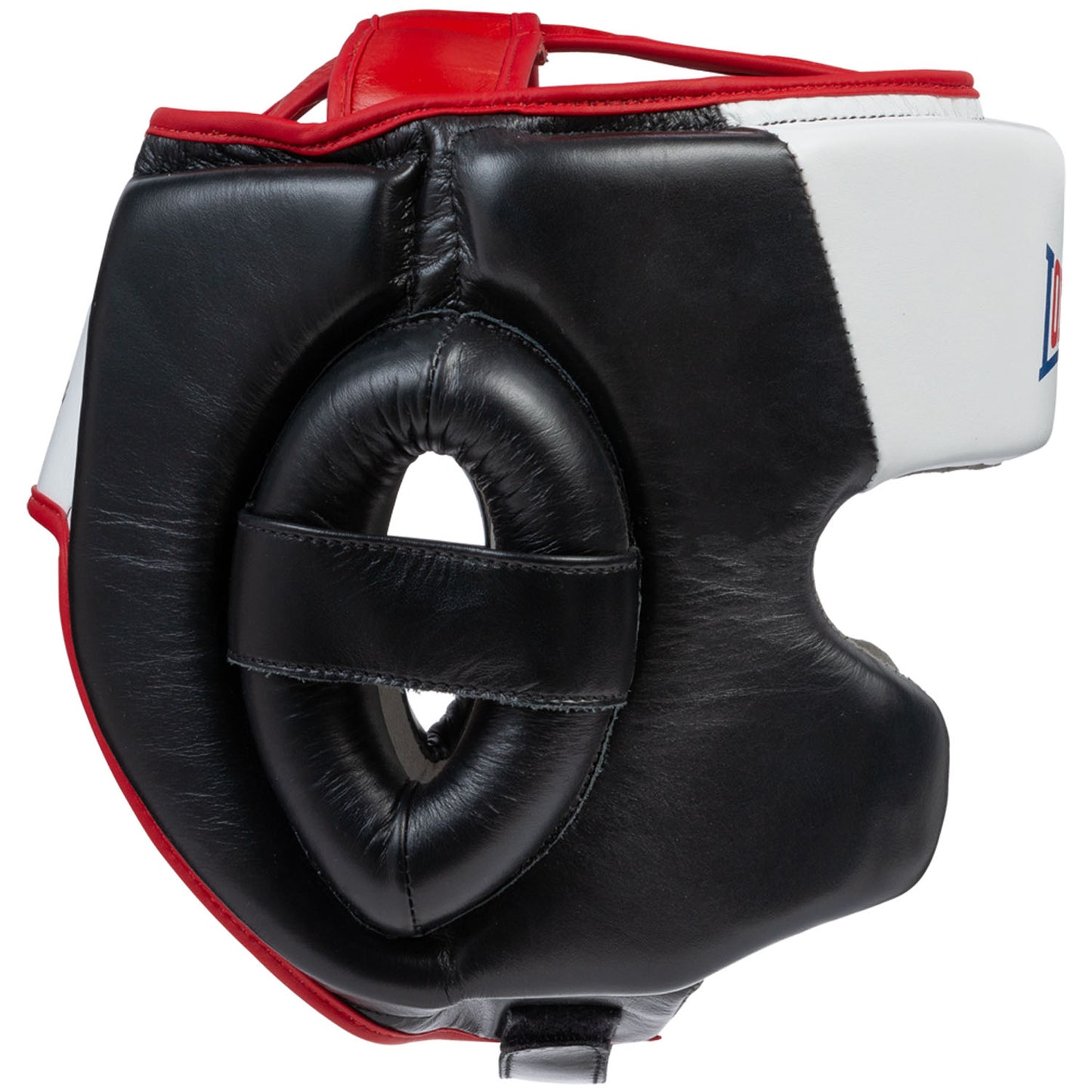 Laadukas nahkainen päänsuoja Lonsdalelta. Maksimaalinen näkyvyys korkealla suojaustasolla. Lonsdale Padbury nyrkkellykypärä nahkaa. kuva sivusta oikea ohimo. Boxing helmet headgear musta valkoinen punainen