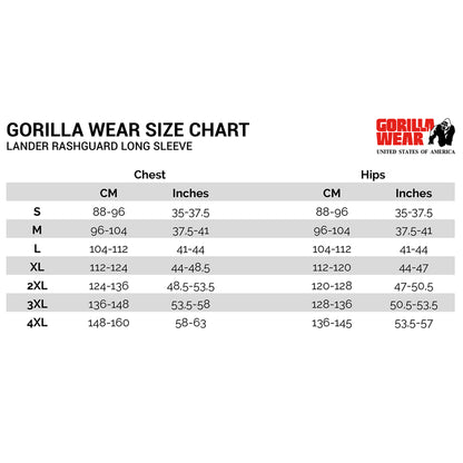 Gorilla Wear Cypress Rashguar puristava keskipitkähihainen paita, kokotaulukko