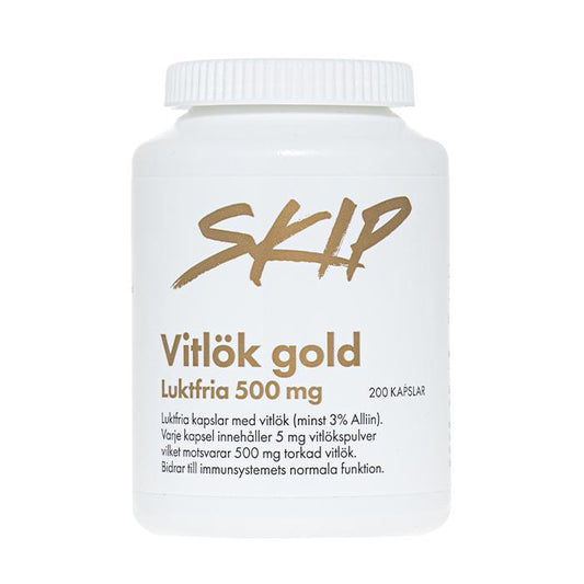 Skip Valkosipuli elintarvike lisäravinne kapselissa. Purkissa on 200 kapselia, joten Skip valkosipulikapselit ovat riittoisa vaihtoehto sinulle, joka haluat laadukkaan ja toimivan tuotteen. Kuvassa purkki.
