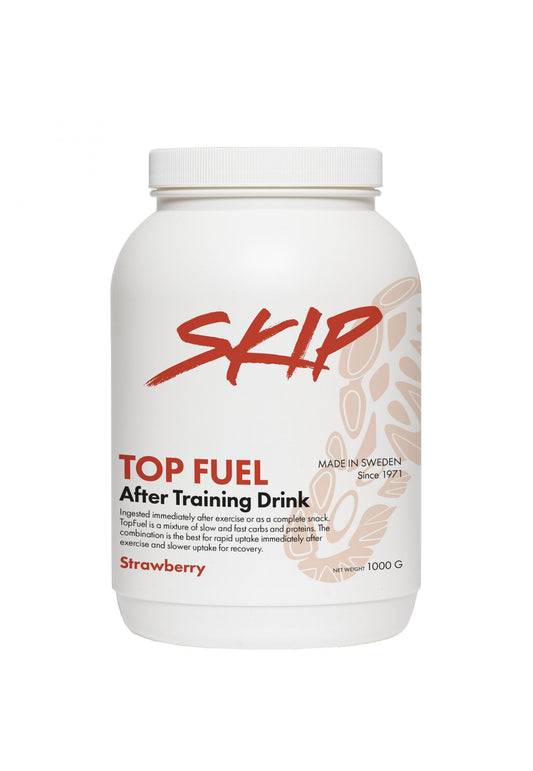 SKIP Top Fuel on huippulaatuinen, helposti nesteeseen imeytyvä ja hyvin imeytyvä palautusjuoma treenien  jälkeen. Kuvassa skip top fuel after training drink purkki.
